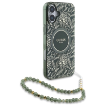 Guess IML Flowers Allover Electro With Pearl Strap MagSafe case for iPhone 16 Plus - green