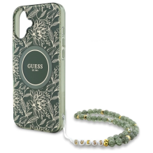 Guess IML Flowers Allover Electro With Pearl Strap MagSafe case for iPhone 16 Plus - green