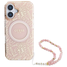 Guess IML Flowers Allover Electro su perlų dirželiu MagSafe iPhone 16 Plus dėklas – rožinis