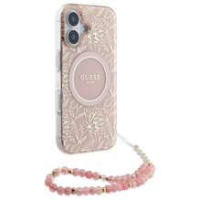 Guess IML Flowers Allover Electro su perlų dirželiu MagSafe iPhone 16 Plus dėklas – rožinis