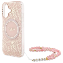 Guess IML Flowers Allover Electro With Pearl Strap MagSafe iPhone 16 Plus Case - Pink