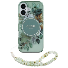 Guess IML Flowers With Pearl Strap MagSafe dėklas iPhone 16 Plus - žalias