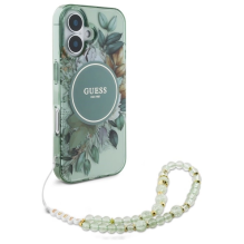 Guess IML Flowers With Pearl Strap MagSafe case for iPhone 16 Plus - green