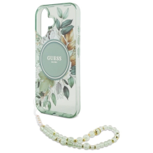 Guess IML Flowers With Pearl Strap MagSafe dėklas iPhone 16 Plus - žalias