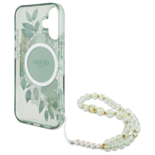 Guess IML Flowers With Pearl Strap MagSafe case for iPhone 16 Plus - green