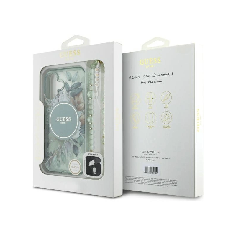 Guess IML Flowers With Pearl Strap MagSafe dėklas iPhone 16 Plus - žalias