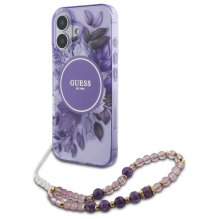 Guess IML Flowers With Pearl Strap MagSafe case for iPhone 16 Plus - purple