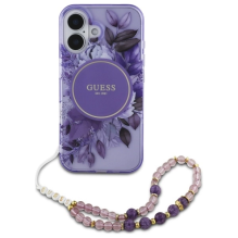 Guess IML Flowers With Pearl Strap MagSafe case for iPhone 16 Plus - purple