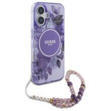 Guess IML Flowers With Pearl Strap MagSafe case for iPhone 16 Plus - purple