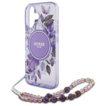 Guess IML Flowers With Pearl Strap MagSafe case for iPhone 16 Plus - purple