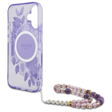 Guess IML Flowers With Pearl Strap MagSafe case for iPhone 16 Plus - purple