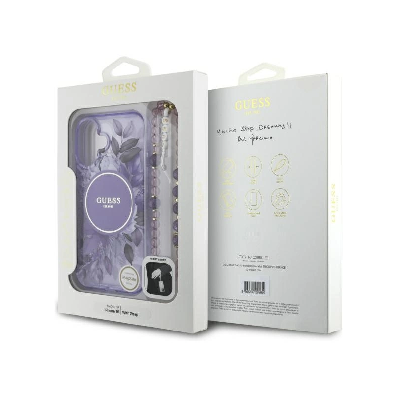 Guess IML Flowers With Pearl Strap MagSafe dėklas, skirtas iPhone 16 Plus - violetinė