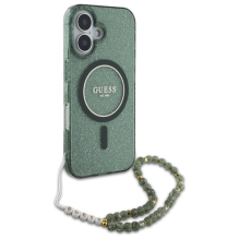 Guess IML Glitter With Pearl Strap MagSafe case for iPhone 16 Plus - green