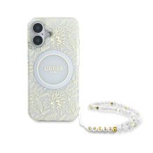 Guess IML Flowers Allover Electro su perlamutriniu dirželiu MagSafe dėklas, skirtas iPhone 16 - baltas