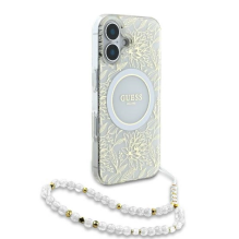 Guess IML Flowers Allover Electro With Pearl Strap MagSafe case for iPhone 16 - white