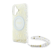 Guess IML Flowers Allover Electro With Pearl Strap MagSafe case for iPhone 16 - white