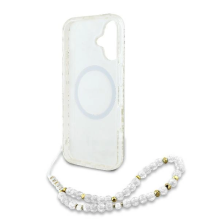 Guess IML Flowers Allover Electro With Pearl Strap MagSafe case for iPhone 16 - white