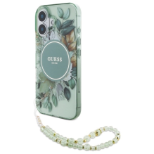 Guess IML Flowers With Pearl Strap MagSafe case for iPhone 16 - green