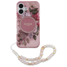 Guess IML Flowers With Pearl Strap MagSafe iPhone 16 Case - Pink