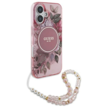 Guess IML Flowers With Pearl Strap MagSafe iPhone 16 Case - Pink