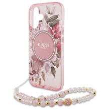 Guess IML Flowers With Pearl Strap MagSafe iPhone 16 Case - Pink