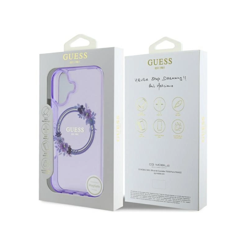 Guess IML Flowers Wreath MagSafe iPhone 16 dėklas – violetinis