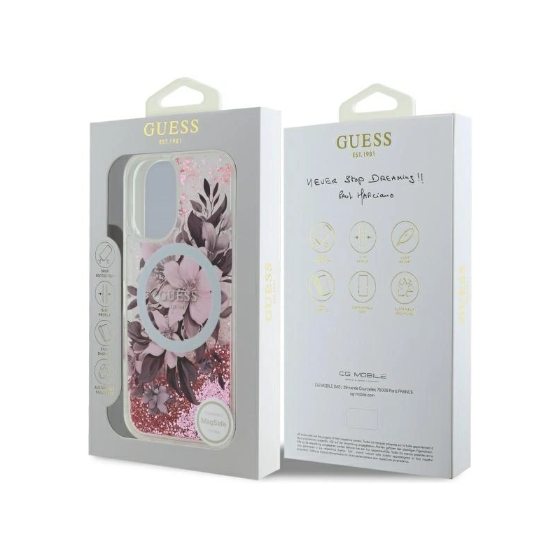 Guess Liquid Glitter Flower MagSafe iPhone 16 dėklas – rožinis