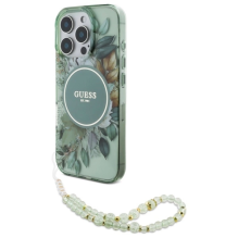 Guess IML Flowers With Pearl Strap MagSafe case for iPhone 16 Pro Max - green