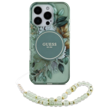 Guess IML Flowers With Pearl Strap MagSafe dėklas, skirtas iPhone 16 Pro Max - žalias