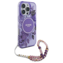 Guess IML Gėlės su perlų dirželiu MagSafe dėklas, skirtas iPhone 16 Pro Max - violetinė