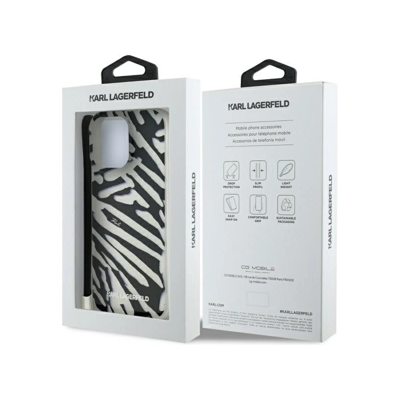 Karl Lagerfeld IML Zebra Pattern &amp; Cord iPhone 16 Pro dėklas – juodas