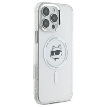 Karl Lagerfeld IML Metal Choupette galvutė MagSafe iPhone 16 Pro dėklas – baltas