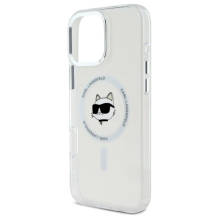 Karl Lagerfeld IML Metal Choupette galvutė MagSafe iPhone 16 Pro dėklas – baltas