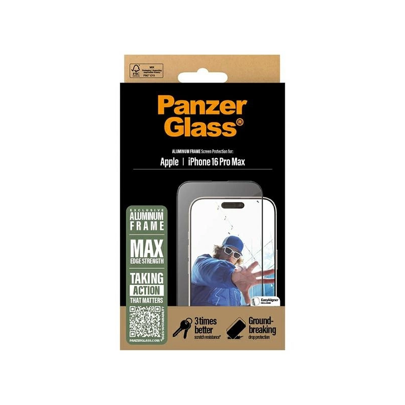 „PanzerGlass“ ekrano apsauga, aliuminio rėmelis „iPhone 16 Pro Max 6,9“ itin platus, tinkamas 2852