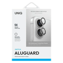 Uniq Optix aliuminio fotoaparato objektyvo apsauga iPhone 16 6,1&quot; / 16 Plus 6,7&quot; baltas mirgantis fotoaparato 