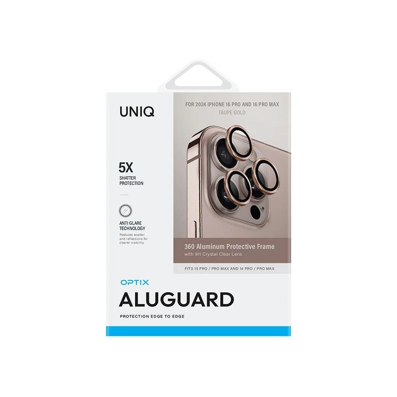 Uniq Optix aliuminio fotoaparato objektyvo apsauga iPhone 16 Pro 6,3&quot; / 16 Pro Max 6,9&quot; taupe aukso spalvos fo