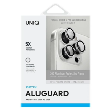 Uniq Optix aliuminio fotoaparato objektyvo apsauga iPhone 16 Pro 6,3&quot; / 16 Pro Max 6,9&quot; baltas mirgantis fotoa