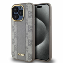 DKNY Leather Checkered Mono Pattern MagSafe iPhone 15 Pro Case - Beige