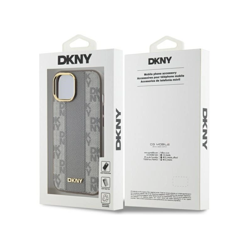 DKNY odinis languotas monofoninis dėklas „MagSafe iPhone 15 Plus“ – smėlio spalvos