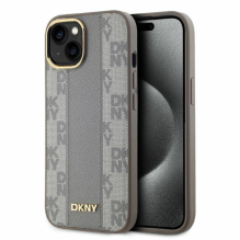 DKNY Leather Checkered Mono Pattern MagSafe iPhone 15 Case - Beige