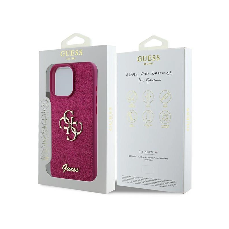 Guess Glitter Script Big 4G iPhone 16 Pro dėklas – violetinis