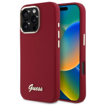 Guess Silicone Script metalinis logotipas iPhone 16 Pro dėklas – rožinis