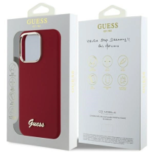 Guess Silicone Script metalinis logotipas iPhone 16 Pro dėklas – rožinis