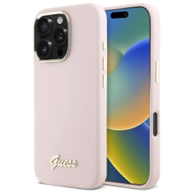 Guess Silicone Script metalinis logotipas ir rėmelis iPhone 16 Pro Max dėklas – rožinis