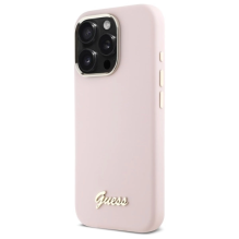 Guess Silicone Script metalinis logotipas ir rėmelis iPhone 16 Pro Max dėklas – rožinis