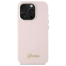 Guess Silicone Script Metal Logo &amp; Frame iPhone 16 Pro Max Case - Pink