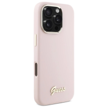 Guess Silicone Script Metal Logo &amp; Frame iPhone 16 Pro Max Case - Pink