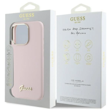 Guess Silicone Script metalinis logotipas ir rėmelis iPhone 16 Pro Max dėklas – rožinis