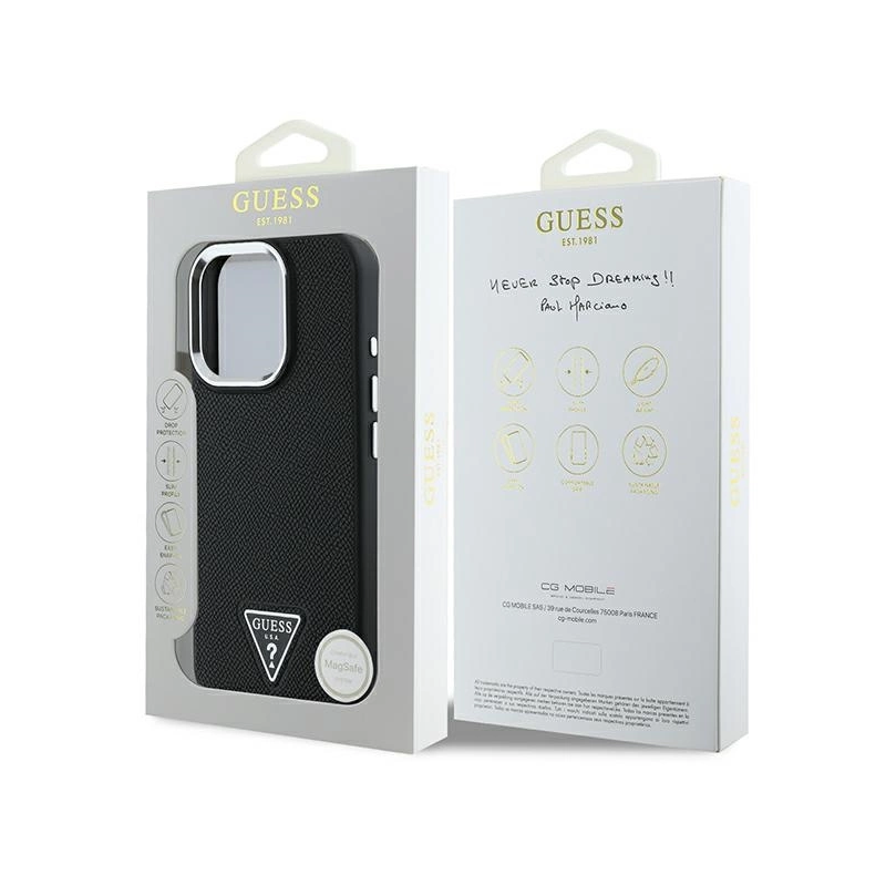 Guess Grained Triangle MagSafe dėklas iPhone 16 Pro - juodas