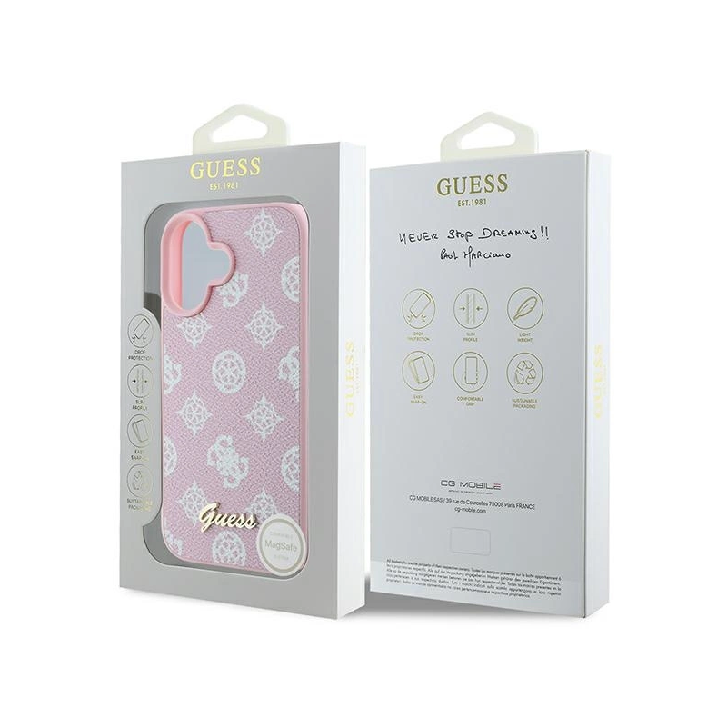 Guess Peony Script logotipas MagSafe iPhone 16 Plus dėklas – rožinis